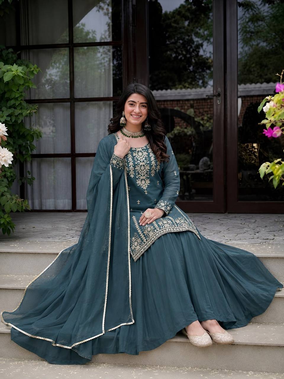 Exquisite Rama Green Peplum Kurti and Flared Skirt Set Adorned with Intricate Gold Zari Embroidery and a Matching Sheer Dupatta